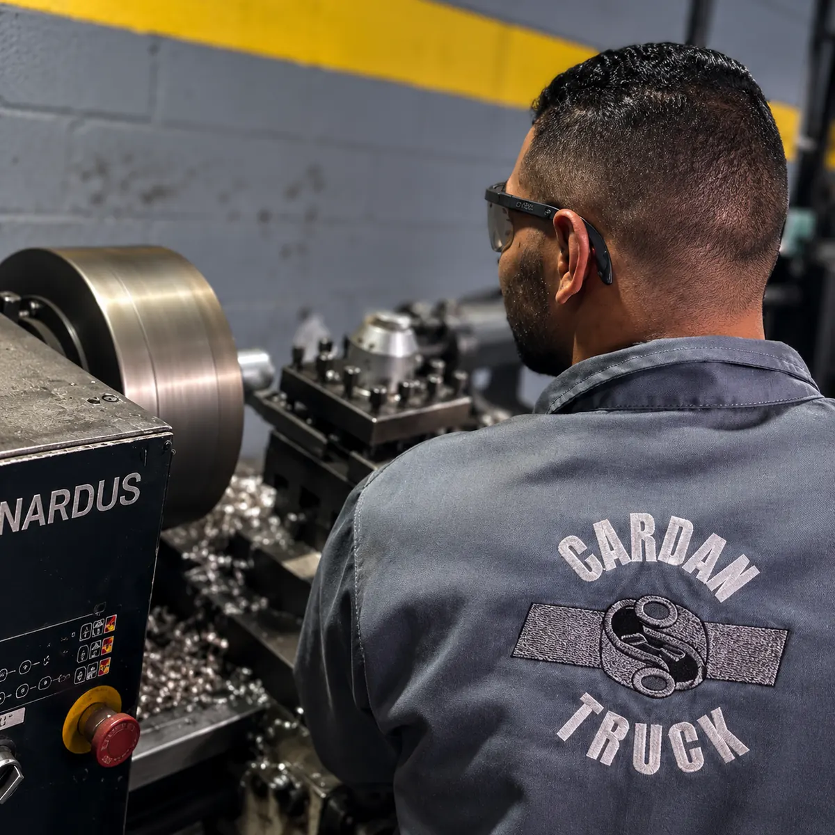 Técnico da Cardan Truck operando torno para usinagem de eixo cardan de caminhão